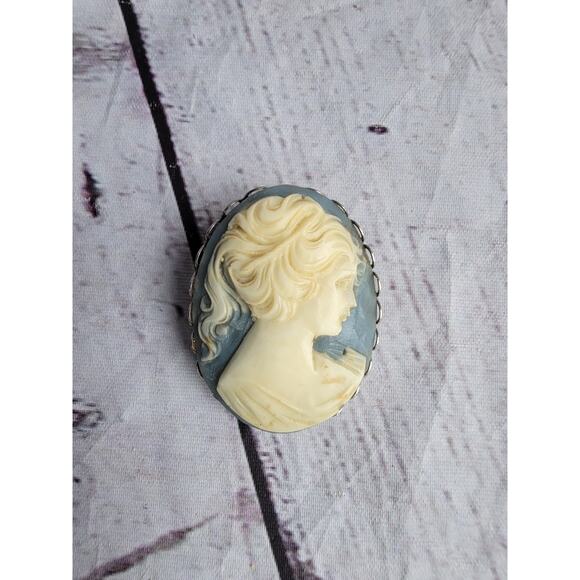 Vintage Blue Cameo Brooch Pin With Pony Tail - Picture 1 of 5